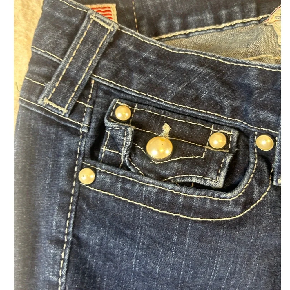 True Religion Mens Slim Straight Indigo Jeans Pearl Buttons White Stitch Size 28